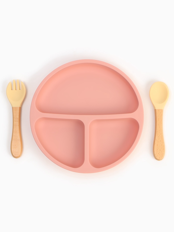Тарелка детская секционная с ложкой и вилкой, 3 секции, розовый, Mum&Baby - Фото 1