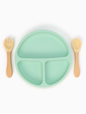 Тарелка детская секционная с ложкой и вилкой, 3 секции, бирюзовый, Mum&Baby Тарелка детская секционная с ложкой и вилкой, 3 секции, бирюзовый, Mum&Baby