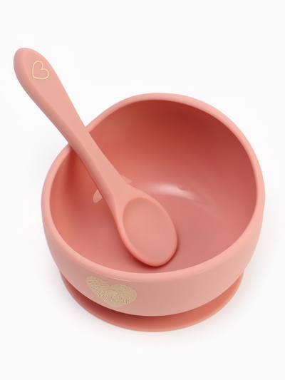 Тарелка детская на присоске и ложка, розовый, Mum&Baby