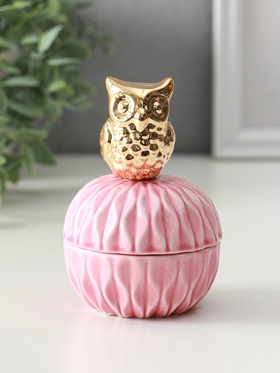 Шкатулка для украшений с крышкой «Золотой филин», керамика, розовая, 8×8×12 см
