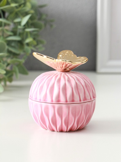 Шкатулка для украшений с крышкой «Золотая бабочка», розовая, 8×8×9 см