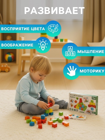 Детский набор деревянные кубики, цветные, 60 штук