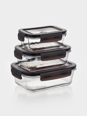 Набор контейнеров, 3 шт.: 410/690/1040 мл, стекло, прозрачный, черная крышка 10910757