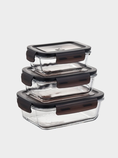 Набор контейнеров, 3 шт.: 410/690/1040 мл, стекло, прозрачный, черная крышка
