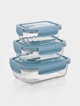 Набор контейнеров, 3 шт.: 410/690/1040 мл, стекло, прозрачный, синяя крышка 10910758