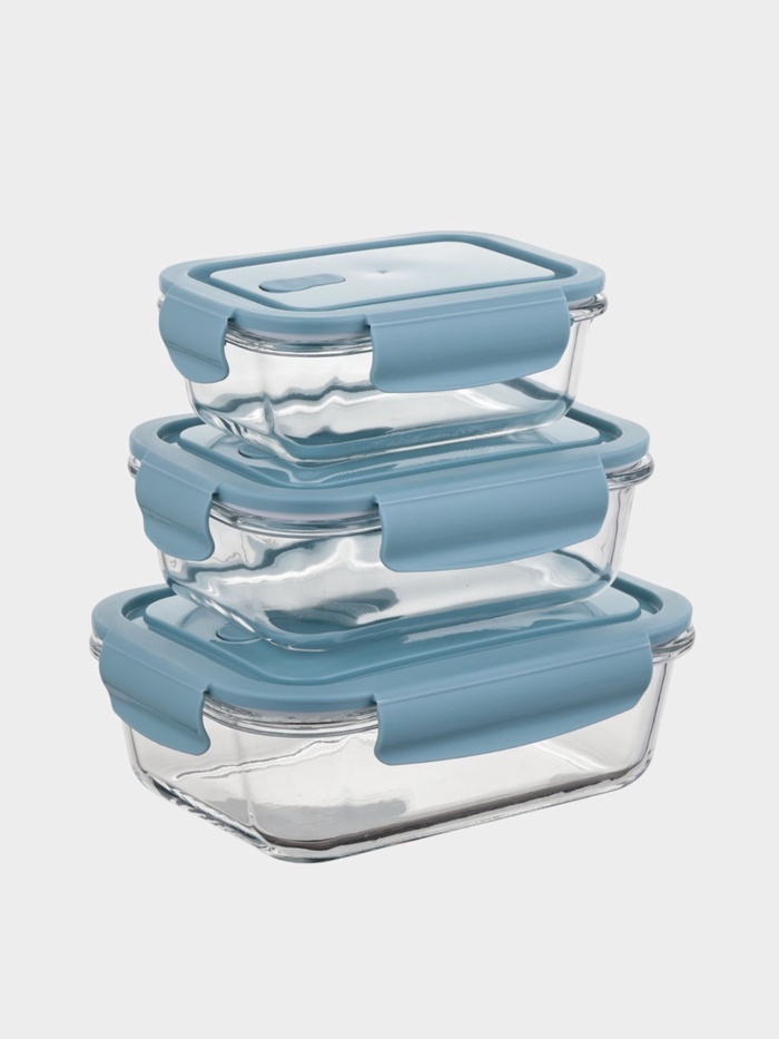Набор контейнеров, 3 шт.: 410/690/1040 мл, стекло, прозрачный, синяя крышка - Фото 1
