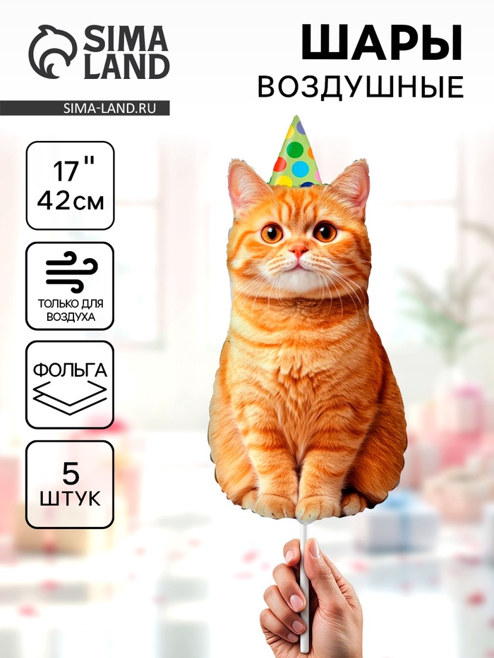 Воздушные шары фольгированные 17" «Котик в колпачке», 5 шт., для палочек - Фото 1