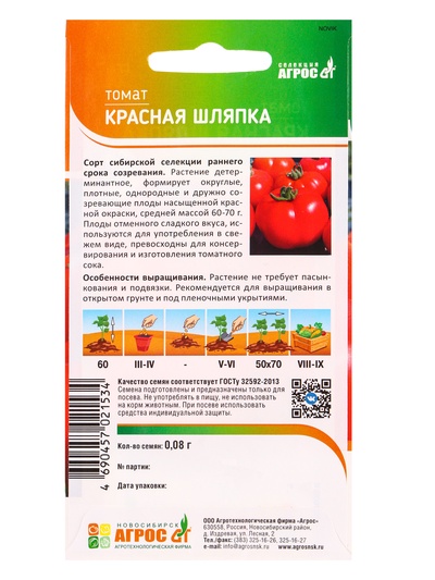 Семена Томат «Красная шляпка», 0.08 г, «Агросс»