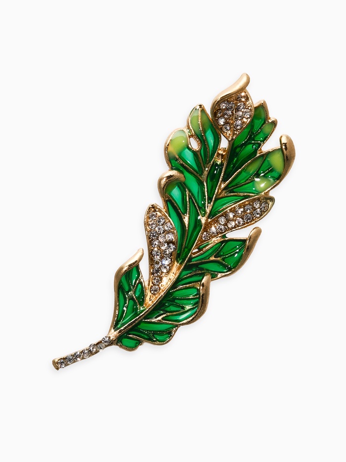 Брошь «Перо» прозрачное, зелёный, белый в золоте - Фото 1
