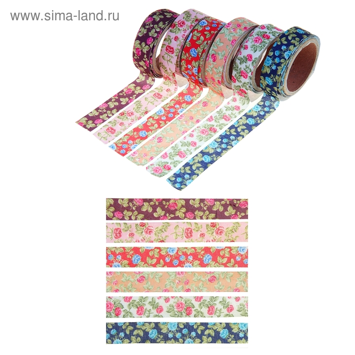 Клейкая лента декоративная текстиль "Розы" ширина 1,7 см намотка 1,8 метра МИКС - Фото 1