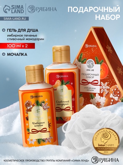 Подарочный набор новогодний: гель для душа 2 шт. × 100 мл, мочалка для тела, аромат мандарин и тыква, URAL LAB