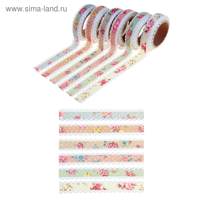 Клейкая лента декоративная текстиль "Розочки" ширина 1,7 см намотка 1,8 метра МИКС - Фото 1