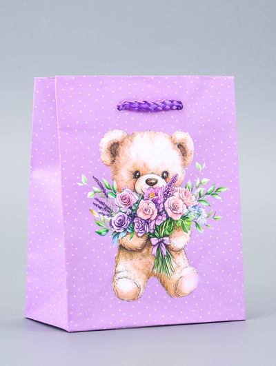 Пакет подарочный ламинированный «Цветы от Мишки» 11.5×14.5×6.5 см