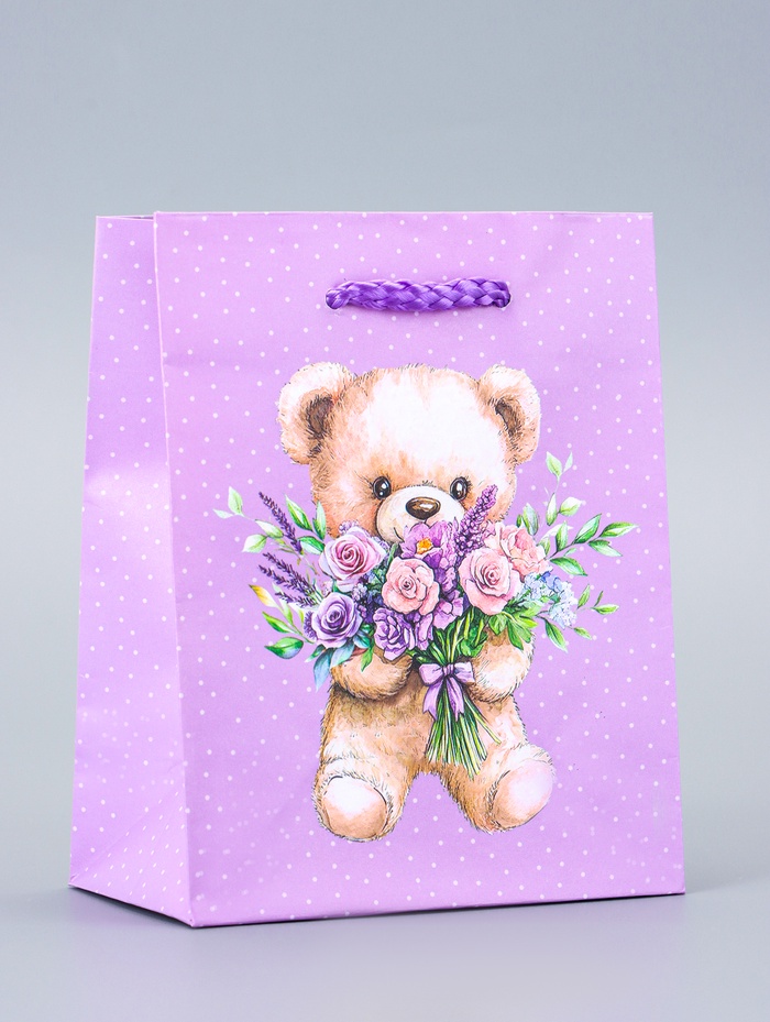 Пакет подарочный ламинированный «Цветы от Мишки» 11.5×14.5×6.5 см - Фото 1