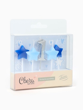 Свечи для торта «1-ый День Рождения Мальчика», серебро/голубой, 2.5×3.5 + 4 см, 5 шт.