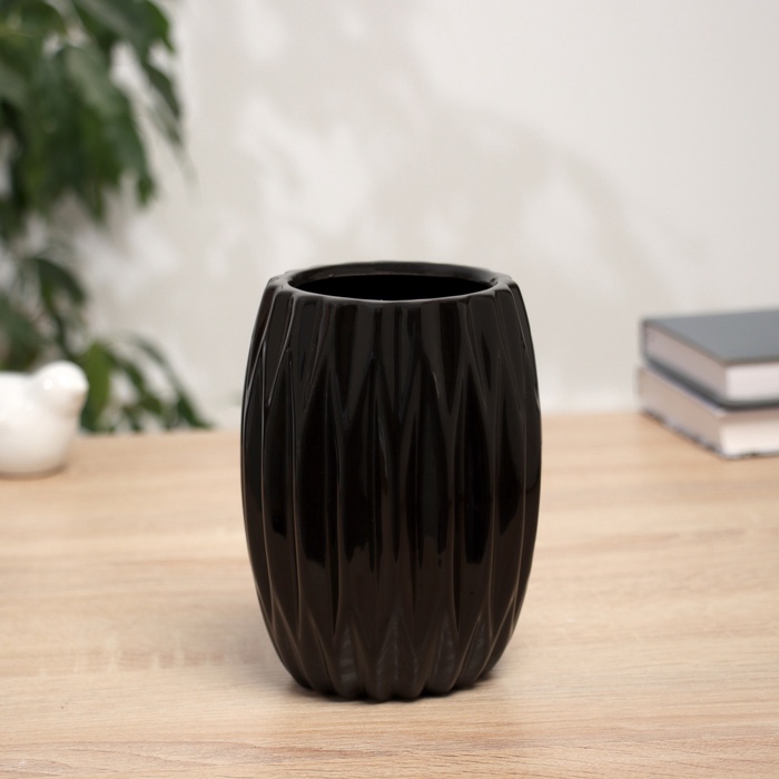 УЦЕНКА Ваза керамика настольная «Тьяго» грани, d=7 см, 14×9.5 см, чёрный - Фото 1