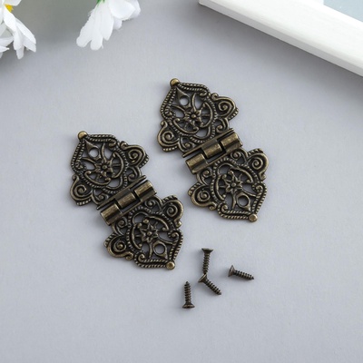 Петля для шкатулки, ключницы «Узорная с цветами», металл под бронзу, с крепежом, набор 2 шт., 5.3×2.8 см