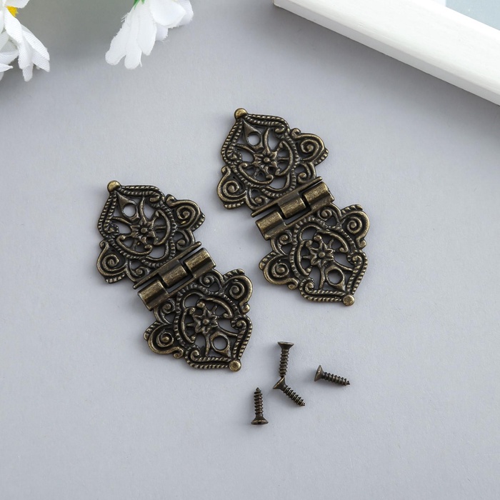 Петля для шкатулки, ключницы «Узорная с цветами», металл под бронзу, с крепежом, набор 2 шт., 5.3×2.8 см - Фото 1
