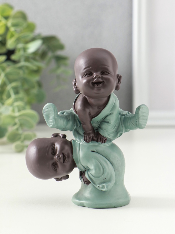 Фигурка полистоун «Маленькие будды - игра в чехарду», зелёно-коричневый, 4.7×9.3×11 см - Фото 1