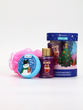 Подарочный набор новогодний в тубусе «Медвежонок», бомбочка, гель, мочалка, URAL LAB