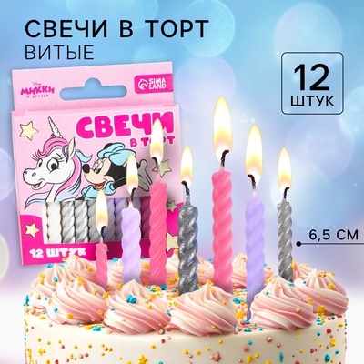 УЦЕНКА Набор свечей в торт 12 шт. «С Днем Рождения», Минни Маус и Единорог