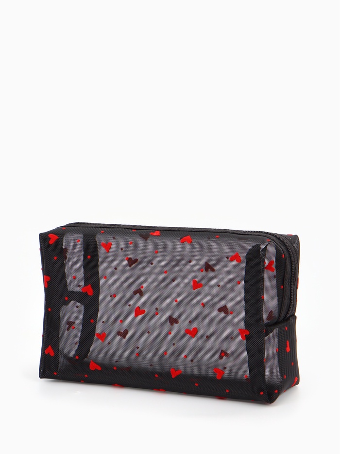 Косметичка женская HEARTS, с рисунком, сетка, на молнии, чёрная - Фото 1