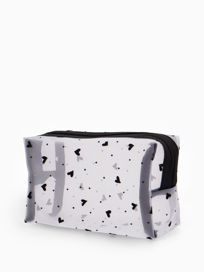 Косметичка женская HEARTS, с рисунком, сетка, на молнии, белая