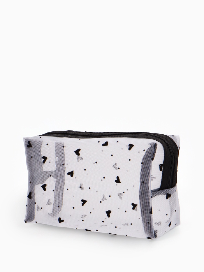 Косметичка женская HEARTS, с рисунком, сетка, на молнии, белая - Фото 1