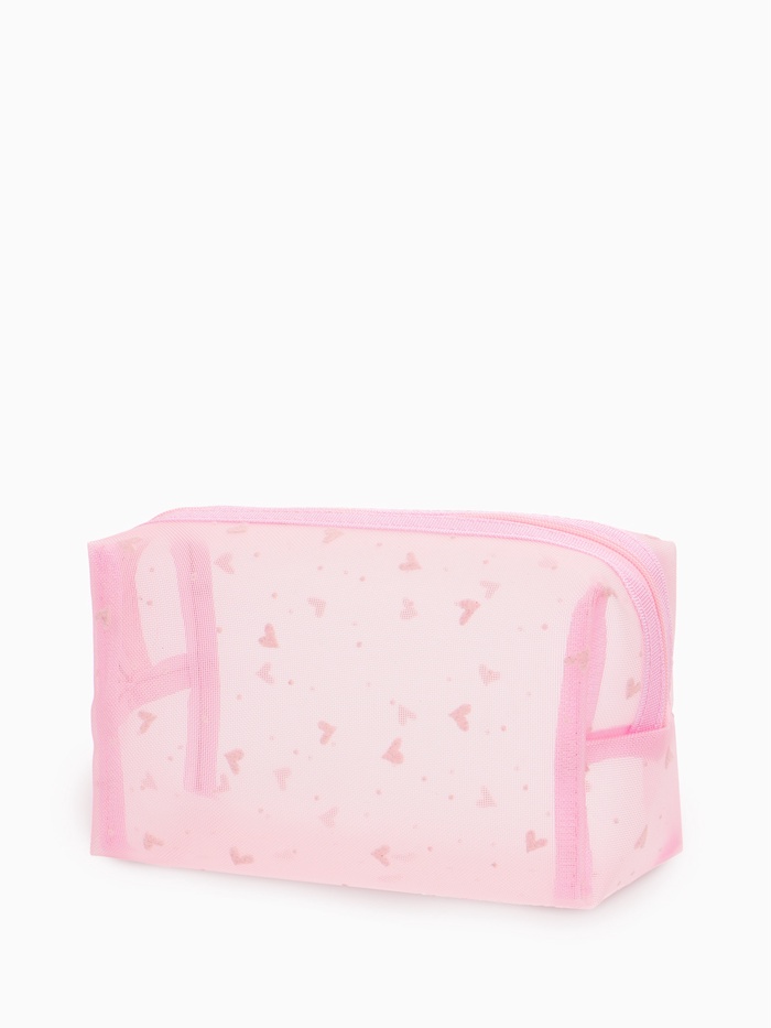 Косметичка женская HEARTS, с рисунком, сетка, на молнии, розовая - Фото 1
