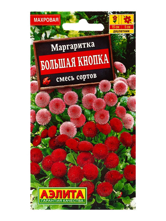 Семена цветов Маргаритка «Большая кнопка», смесь сортов, двулетник, «Агрофирма АЭЛИТА», 0.03 г - Фото 1