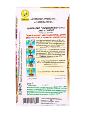 Семена цветов Цинерария гибридная Сюрприз, смесь сортов Мн Зимний сад, Ц/П,30 шт.