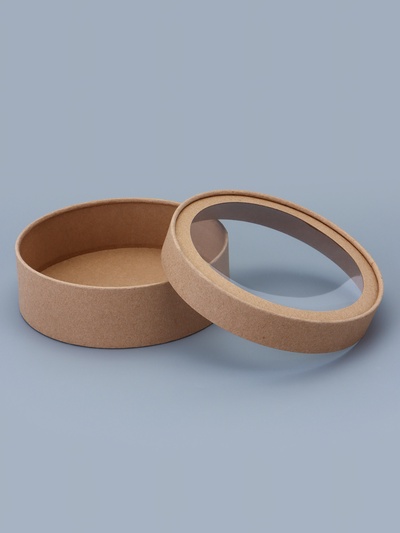 Коробка круглая подарочная завальцованная с окном, крафт, 18×6 см