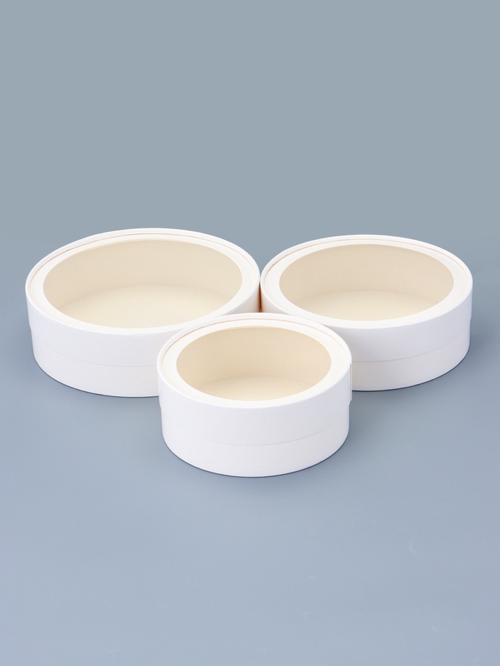 Набор подарочных коробок 3 в 1 круглые с окном, завальцованные, белые, 20×18×15 см