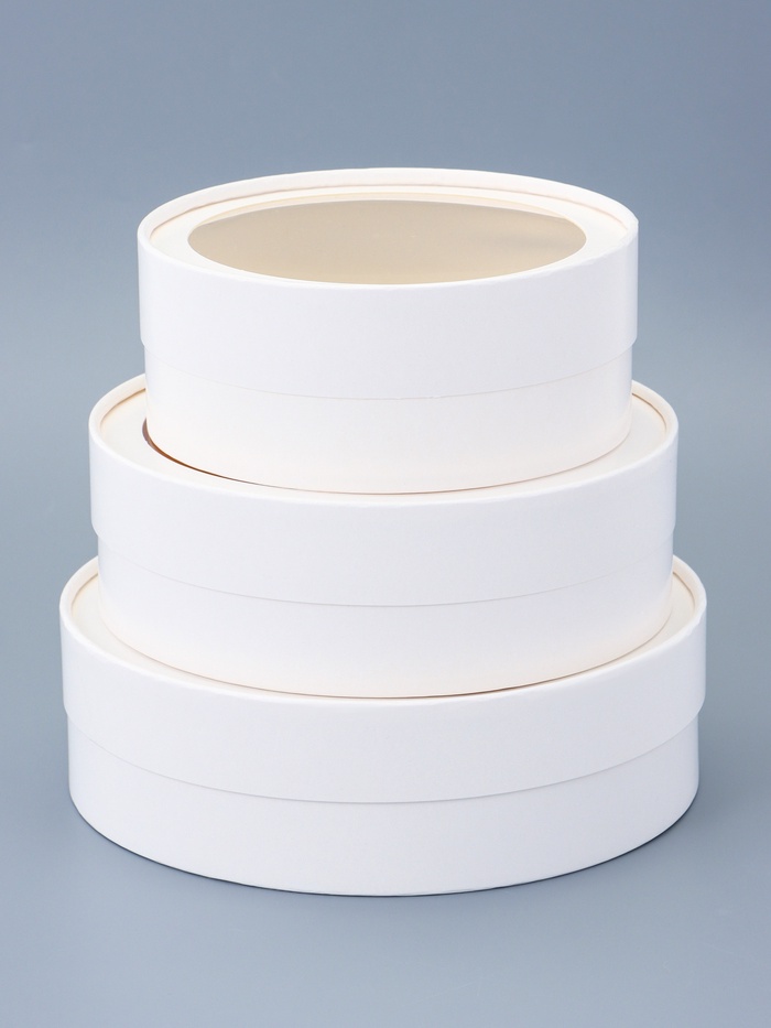 Набор подарочных коробок 3 в 1 круглые с окном, завальцованные, белые, 20×18×15 см - Фото 1