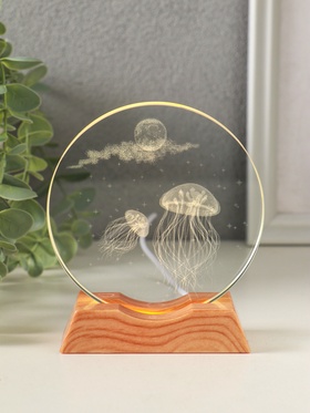 Световая фигурка стекло «Диск. Голограмма: Медузы», 5×LED, d=10 см, USB, 10×4×11.4 см