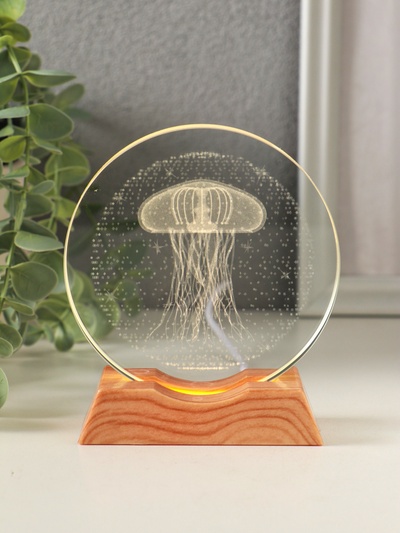 Световая фигурка стекло «Диск. Голограмма: Медуза», 5×LED, d=10 см, USB, 10×4×11.4 см