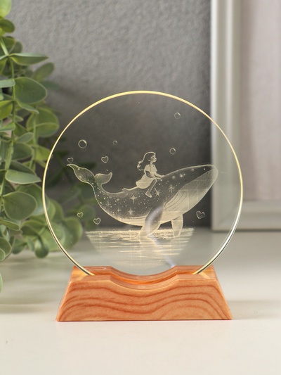 Световая фигурка стекло «Диск. Голограмма: Девочка и кит», 5×LED, d=10 см, USB, 10×4×11.4 см