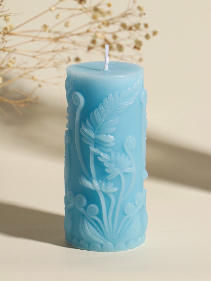 Свеча-цилиндр декоративная «Столбик. Экзотические растения», нежно-голубая, 5×5×11.7 см - Фото 1