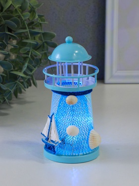 Сувенир настольный "Маяк с корабликом" сетка, голубой, 3хLR1130, RGB, LED 7,5х7,5х18 см