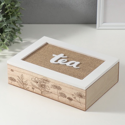 УЦЕНКА Шкатулка дерево 6 делений «Полевые растения» мешковина 17×24×7 см