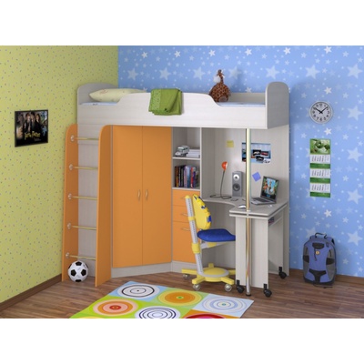 Кровать-чердак "Теремок -1" ЛДСП Дуб молочный/Оранжевый