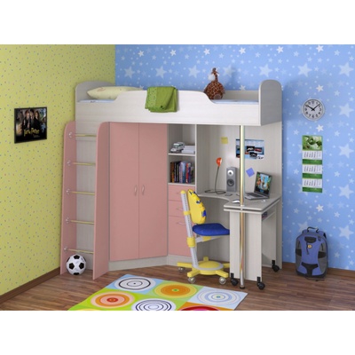 Кровать-чердак "Теремок -1" ЛДСП Дуб молочный/Розовый