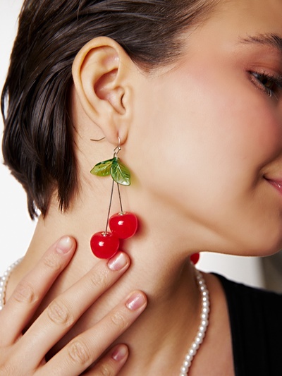 Серьги «Вишни», красный, зелёный в серебре