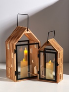 Подсвечник дерево "Дом с панорамным окном" набор 2 шт 10х15х28,5 15х20х36 см - фото 809349191