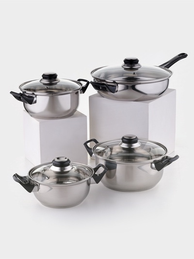 Набор посуды «Чёрная ночь», 8 предметов: кастрюли 1.5 л, 2 л, 3 л, сковородка d=24 см, 4 крышки, индукция, нержавеющая сталь