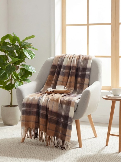 Плед «Эльф» 140×200 см, новозеландская шерсть, белый/бежевый/коричневый