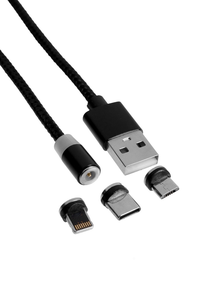 Кабель D09E, 3 в 1, Type-C-microUSB-Lightning, 1 м, для зарядки и передачи данных, магнитный, чёрный - Фото 1