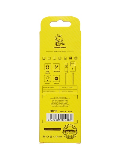 Кабель D09E, 3 в 1, Type-C-microUSB-Lightning, 1 м, для зарядки и передачи данных, магнитный, чёрный