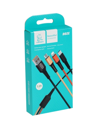 Кабель D02E, 3 в 1, Type-C-microUSB-Lightning, 1.2 м, для зарядки и передачи данных, чёрный