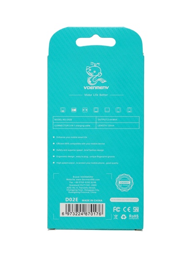 Кабель D02E, 3 в 1, Type-C-microUSB-Lightning, 1.2 м, для зарядки и передачи данных, чёрный